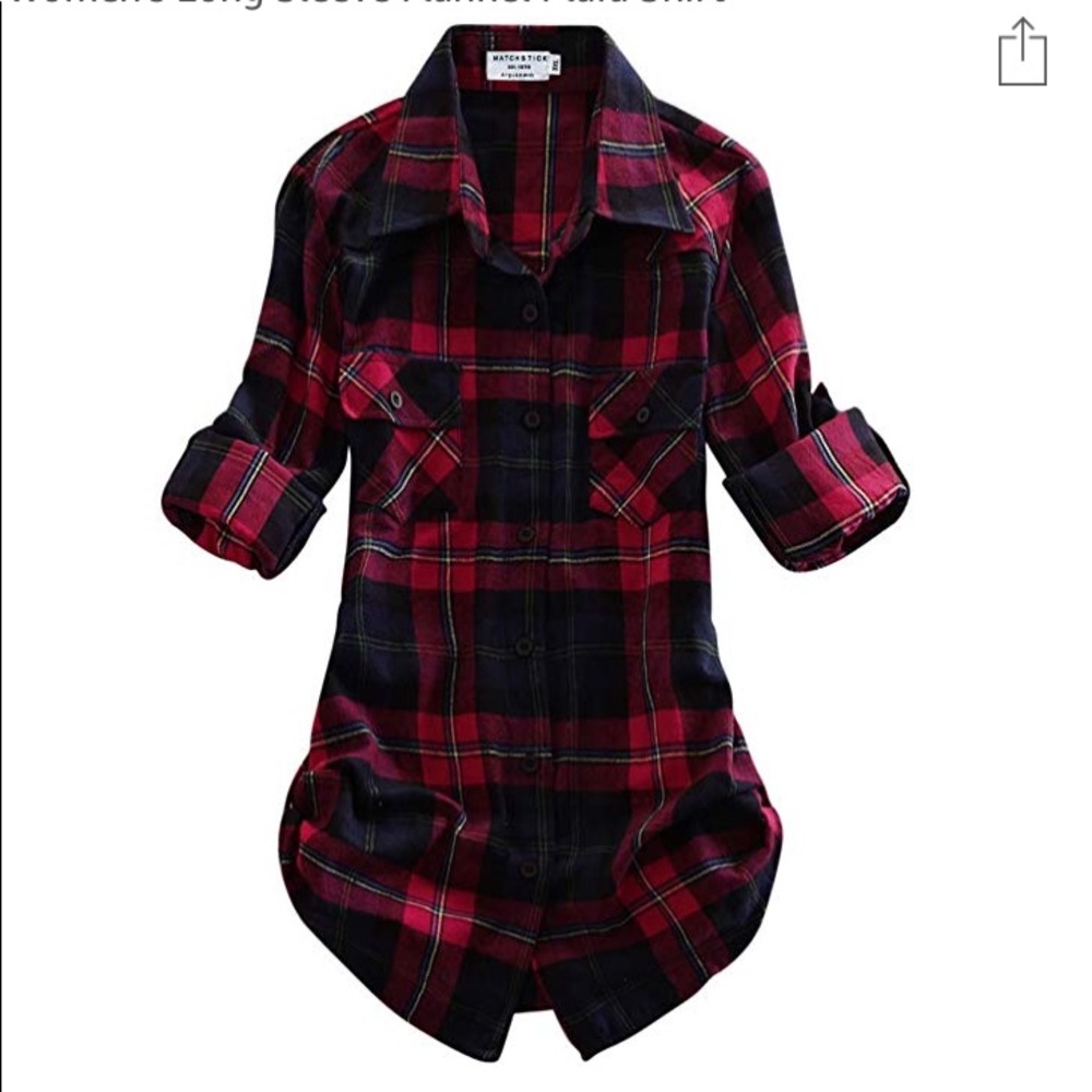 Red and navy plaid button up shirt